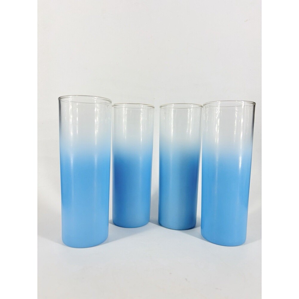 Vintage 4 MCM Blendo Frosted Ice Tea/Tom Collins Glasses Blue Gold